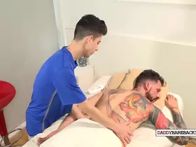 Twink Latin masseur barebacked by DILF after sucking dick