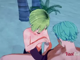 One Piece Yaoi - Zoro x Sanji Handjob and Blowjob in a beach - anime Manga Gay